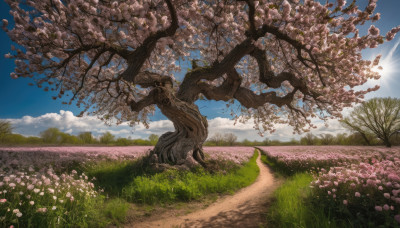 flower, outdoors, sky, day, cloud, tree, blue sky, no humans, sunlight, grass, cherry blossoms, nature, scenery, sun, field, landscape, path