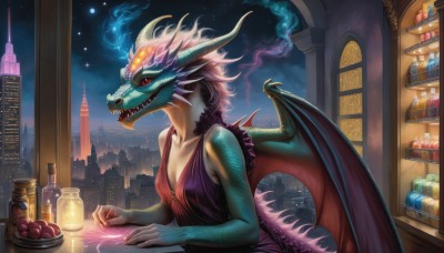 1girl,solo,breasts,looking at viewer,short hair,open mouth,red eyes,dress,bare shoulders,collarbone,tail,small breasts,food,wings,horns,sky,teeth,sleeveless,indoors,window,night,fruit,glowing,fangs,moon,table,bottle,fire,sharp teeth,monster girl,star (sky),night sky,starry sky,dragon horns,dragon girl,city,dragon,dragon tail,apple,scales,cityscape,dragon wings,jar,breathing fire,cleavage,artist name,building,furry,smoke,colored sclera,furry female,skyscraper