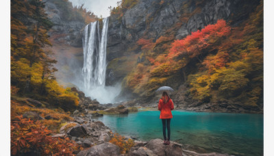 1girl, solo, black hair, holding, standing, jacket, outdoors, shoes, day, water, from behind, tree, leaf, umbrella, red footwear, nature, scenery, red jacket, rock, holding umbrella, autumn leaves, wide shot, river, autumn, waterfall, stream