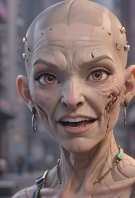 1girl,solo,looking at viewer,smile,open mouth,brown eyes,jewelry,collarbone,earrings,teeth,necklace,blurry,lips,blurry background,portrait,veins,realistic,android,bald,horror (theme),1boy,male focus,eyelashes,tattoo,cyborg