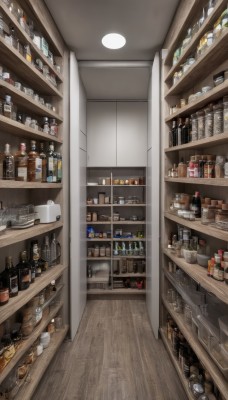 indoors,cup,no humans,bottle,scenery,alcohol,drinking glass,wooden floor,stool,shelf,wine bottle,jar,bar (place),counter,ceiling light,refrigerator,food,box,basket,shop,ceiling