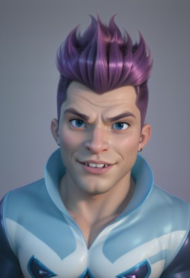 solo,looking at viewer,smile,short hair,blue eyes,simple background,1boy,jewelry,upper body,pink hair,purple hair,male focus,earrings,parted lips,teeth,shiny,grey background,lips,gradient,gradient background,bodysuit,facial hair,piercing,spiked hair,ear piercing,portrait,realistic,nose,stud earrings,undercut,mohawk,multicolored hair,artist name,muscular,pectorals,muscular male,bara