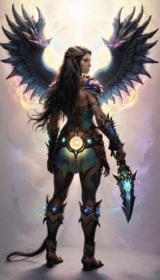 1girl,solo,long hair,looking at viewer,brown hair,black hair,holding,jewelry,standing,full body,weapon,ass,boots,wings,barefoot,looking back,dark skin,from behind,holding weapon,armor,dark-skinned female,lips,profile,glowing,back,knife,shoulder armor,feathered wings,armlet,black wings,pauldrons,vambraces,toeless legwear,bracer,dagger,blue eyes,earrings,pointy ears,feathers