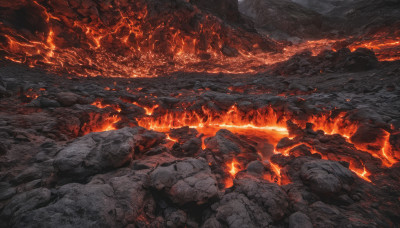 outdoors, no humans, fire, scenery, rock, cave, molten rock