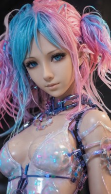 1girl,solo,long hair,breasts,looking at viewer,smile,bangs,blue eyes,simple background,cleavage,twintails,jewelry,medium breasts,closed mouth,blue hair,upper body,pink hair,multicolored hair,small breasts,shiny,necklace,two-tone hair,lips,see-through,shiny skin,eyelashes,gradient hair,makeup,black background,realistic,nose,bare shoulders,earrings,collar,zipper,shiny clothes