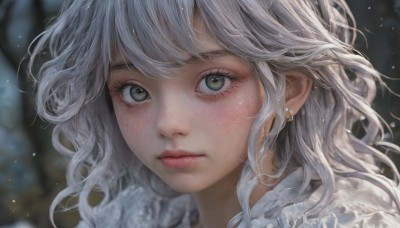 1girl,solo,long hair,looking at viewer,blush,bangs,jewelry,closed mouth,green eyes,white hair,earrings,outdoors,blurry,lips,eyelashes,depth of field,blurry background,wavy hair,portrait,snow,close-up,freckles,snowing,realistic,nose,grey hair,frills,artist name,expressionless,messy hair,light particles