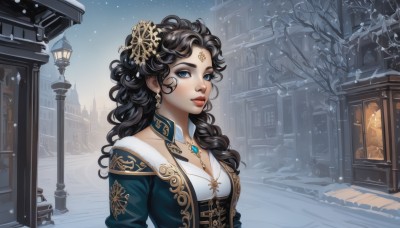 1girl,solo,long hair,breasts,looking at viewer,blue eyes,black hair,hair ornament,cleavage,jewelry,medium breasts,upper body,earrings,outdoors,parted lips,necklace,tree,lips,makeup,detached collar,wavy hair,facial mark,lipstick,building,gem,corset,snow,pendant,curly hair,snowing,forehead mark,red lips,winter,lamppost,bare tree,dress,braid,eyelashes,night,crescent,forehead jewel