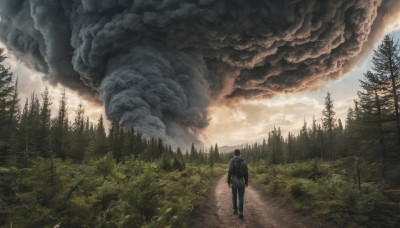 solo, 1boy, male focus, outdoors, sky, cloud, bag, from behind, tree, cloudy sky, nature, scenery, forest