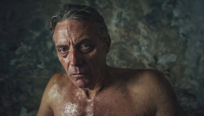 solo,looking at viewer,blue eyes,black hair,1boy,closed mouth,upper body,male focus,nude,blurry,black eyes,blurry background,facial hair,portrait,topless male,realistic,short hair,collarbone,grey hair,stubble,very short hair,chest hair