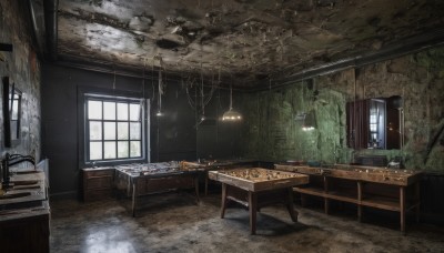 day,indoors,book,no humans,window,chair,table,sunlight,scenery,desk,door,lamp,ruins,wooden floor,light