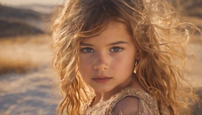 1girl,solo,long hair,looking at viewer,blue eyes,blonde hair,hair ornament,jewelry,closed mouth,earrings,outdoors,water,blurry,lips,grey eyes,eyelashes,depth of field,blurry background,wavy hair,expressionless,portrait,close-up,realistic,brown hair,sky,artist name,cloud,signature,floating hair,cloudy sky,wind,messy hair,backlighting,nose