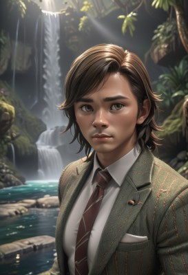 1girl,solo,breasts,looking at viewer,short hair,brown hair,shirt,long sleeves,brown eyes,closed mouth,jacket,white shirt,upper body,outdoors,necktie,day,striped,collared shirt,artist name,water,blurry,tree,lips,wet,watermark,formal,sunlight,blazer,suit,wing collar,red necktie,nature,freckles,pocket,light rays,rock,green jacket,realistic,grey jacket,nose,breast pocket,waterfall,pinstripe suit