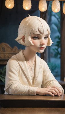 1girl,solo,short hair,bangs,shirt,long sleeves,closed mouth,collarbone,white shirt,upper body,braid,white hair,parted lips,indoors,white dress,blurry,lips,fingernails,grey eyes,eyelashes,makeup,depth of field,blurry background,looking away,table,lantern,realistic,nose,red lips,mascara,blonde hair,dress,sitting,own hands together,pale skin,robe