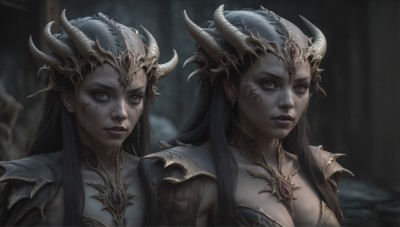 HQ,1girl,long hair,breasts,looking at viewer,multiple girls,large breasts,black hair,red eyes,2girls,cleavage,brown eyes,jewelry,medium breasts,closed mouth,upper body,earrings,parted lips,horns,armor,blurry,lips,eyelashes,makeup,blurry background,facial mark,shoulder armor,gem,portrait,dual persona,pauldrons,orange eyes,lipstick,pale skin,realistic,purple lips