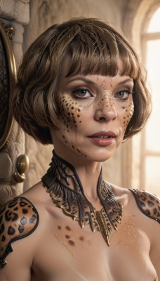 1girl,solo,breasts,looking at viewer,short hair,bangs,brown hair,brown eyes,nipples,upper body,nude,small breasts,parted lips,teeth,blunt bangs,blurry,lips,eyelashes,makeup,blurry background,bob cut,freckles,realistic,nose,scales,cleavage,bare shoulders,jewelry,medium breasts,collarbone,indoors,window,facepaint,tribal