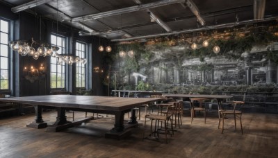 indoors,tree,no humans,window,chair,table,sunlight,plant,building,scenery,wooden floor,city,railing,light,lamp,candle,cityscape,architecture,candlestand,ceiling light,chandelier,wooden chair,day,lantern,potted plant