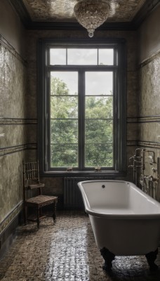 sky,day,cloud,indoors,tree,no humans,window,chair,table,scenery,stool,shadow,plant,wall,ceiling light,chandelier