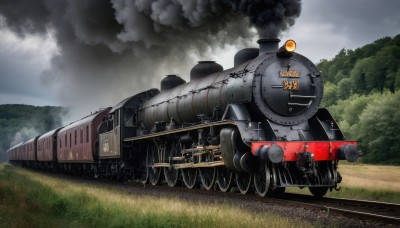 weapon,outdoors,sky,day,cloud,tree,gun,military,no humans,grass,ground vehicle,nature,motor vehicle,forest,smoke,cannon,military vehicle,tank,vehicle focus,machine gun,caterpillar tracks,world war ii,railroad tracks,cloudy sky