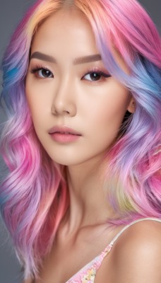 1girl,solo,long hair,looking at viewer,blonde hair,simple background,bare shoulders,brown eyes,blue hair,collarbone,upper body,pink hair,multicolored hair,parted lips,grey background,black eyes,two-tone hair,lips,eyelashes,gradient hair,makeup,floral print,thick eyebrows,portrait,close-up,eyeshadow,realistic,nose,mascara,rainbow hair