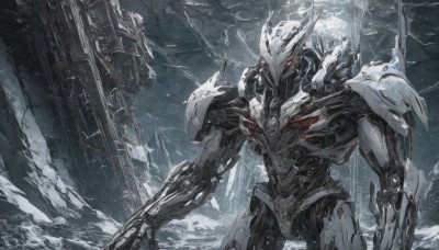 solo,red eyes,standing,weapon,gun,no humans,glowing,robot,building,mecha,snow,science fiction,ruins,armor,machinery,damaged,machine