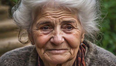 1girl,solo,looking at viewer,1boy,jewelry,closed mouth,white hair,grey hair,male focus,earrings,blurry,black eyes,lips,blurry background,portrait,realistic,old,old man,old woman,wrinkled skin,grey eyes