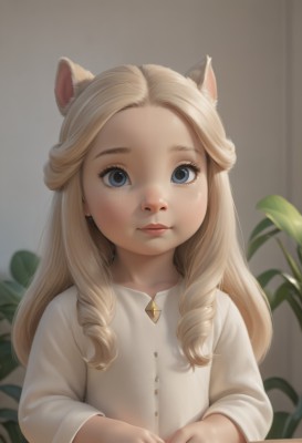 1girl,solo,long hair,looking at viewer,blue eyes,blonde hair,shirt,long sleeves,animal ears,closed mouth,white shirt,upper body,indoors,cat ears,blurry,lips,eyelashes,buttons,plant,child,forehead,freckles,curly hair,realistic,nose,bangs,artist name,animal ear fluff,parted bangs,drill hair,cat girl,female child,ringlets