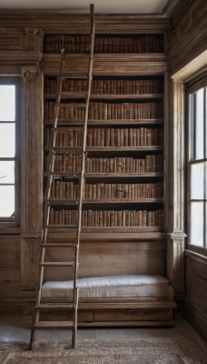 day,indoors,book,no humans,window,sunlight,scenery,wooden floor,stairs,door,bookshelf,library,ladder,carpet,bed,chair,curtains