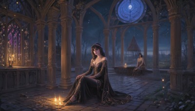 1girl,long hair,breasts,bangs,multiple girls,brown hair,black hair,long sleeves,1boy,dress,2girls,cleavage,bare shoulders,jewelry,medium breasts,sitting,collarbone,earrings,outdoors,sky,indoors,necklace,black footwear,black dress,tree,night,moon,fire,star (sky),night sky,veil,scenery,full moon,starry sky,long dress,candle,tile floor,pillar,statue,arch,stone floor,short hair,cape,makeup,plant,lipstick