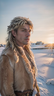 solo,long hair,looking at viewer,blue eyes,blonde hair,long sleeves,1boy,jewelry,closed mouth,upper body,braid,male focus,outdoors,sky,day,belt,water,necklace,blurry,lips,coat,fur trim,depth of field,blurry background,facial hair,ocean,sunlight,beard,snow,freckles,sunset,mountain,realistic,nose,stubble,watercraft,ship,artist name,signature,watermark,beach,backlighting,sunrise