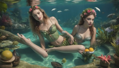 1girl,long hair,breasts,looking at viewer,multiple girls,skirt,brown hair,hair ornament,navel,2girls,cleavage,bare shoulders,brown eyes,jewelry,medium breasts,sitting,underwear,flower,food,barefoot,midriff,hair flower,water,feet,lips,makeup,fruit,leaf,plant,monster girl,corset,pink flower,partially submerged,fish,curly hair,underwater,realistic,basket,head wreath,mermaid,mushroom,bustier,lily pad,seaweed,smile,blue eyes,collarbone,swimsuit,small breasts,parted lips,nail polish,mole,rose,arm support,lipstick,fantasy,red lips,pink rose,grapes,swimming,coral,pineapple