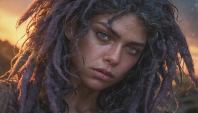 1girl,solo,long hair,looking at viewer,black hair,brown eyes,closed mouth,outdoors,sky,artist name,dark skin,blurry,dark-skinned female,lips,eyelashes,depth of field,blurry background,feathers,messy hair,portrait,freckles,curly hair,sunset,realistic,nose,watermark,close-up,dreadlocks