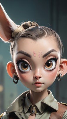 1girl,solo,looking at viewer,short hair,brown hair,shirt,animal ears,brown eyes,jewelry,closed mouth,earrings,collared shirt,hair bun,rabbit ears,blurry,lips,eyelashes,makeup,blurry background,facial mark,single hair bun,thick eyebrows,portrait,close-up,forehead,freckles,forehead mark,rabbit girl,hair pulled back,jacket,upper body,child,extra ears,zipper,brown jacket,nose,female child