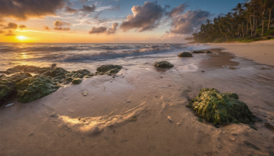 outdoors, sky, cloud, water, tree, no humans, ocean, beach, nature, scenery, sunset, rock, sand, sun, horizon, shore