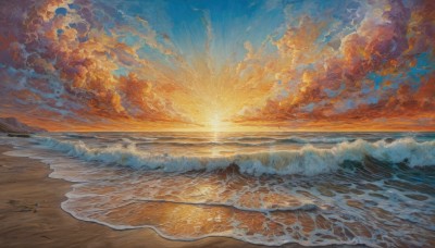 outdoors,sky,cloud,water,blue sky,no humans,bird,ocean,traditional media,beach,sunlight,cloudy sky,scenery,sunset,sand,sun,horizon,painting (medium),waves,shore,orange sky,footprints,signature