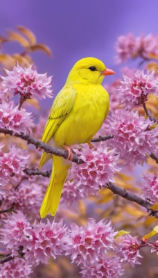 closed mouth,full body,weapon,flower,outdoors,day,sword,blurry,black eyes,tree,no humans,depth of field,blurry background,bird,animal,cherry blossoms,pink flower,flying,branch,animal focus,leaf,realistic,beak,wisteria