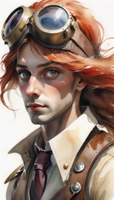 1girl,solo,long hair,looking at viewer,simple background,shirt,1boy,white background,closed mouth,green eyes,white shirt,upper body,male focus,red hair,necktie,collared shirt,orange hair,vest,lips,makeup,floating hair,facial hair,lipstick,goggles,portrait,freckles,goggles on head,realistic,nose,red lips,brown vest,brown hair,wing collar,facepaint