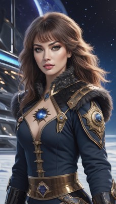 1girl,solo,long hair,breasts,looking at viewer,bangs,brown hair,long sleeves,cleavage,brown eyes,jewelry,medium breasts,upper body,parted lips,sky,belt,lips,fur trim,clothing cutout,makeup,wavy hair,cleavage cutout,brooch,gem,star (sky),starry sky,nose,red lips,space,planet,earth (planet),artist name,bodysuit,fur collar,realistic