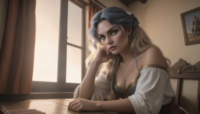 1girl,solo,long hair,breasts,looking at viewer,blonde hair,large breasts,black hair,dress,cleavage,bare shoulders,jewelry,medium breasts,sitting,closed mouth,collarbone,upper body,multicolored hair,earrings,detached sleeves,indoors,off shoulder,two-tone hair,lips,grey eyes,book,window,makeup,wavy hair,table,sunlight,curtains,hand on own face,head rest,wooden floor,realistic,red lips,blush,brown eyes,grey hair,day,mole,thick eyebrows,backlighting,mascara