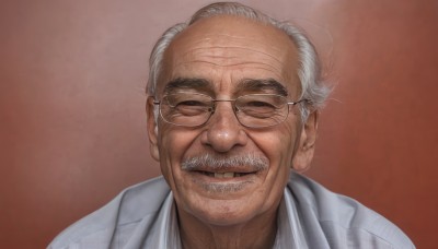 solo,looking at viewer,smile,simple background,shirt,1boy,closed eyes,upper body,white hair,grey hair,male focus,parted lips,glasses,mole,gradient,gradient background,mole under eye,facial hair,portrait,facing viewer,red background,realistic,round eyewear,mustache,labcoat,old,old man,wrinkled skin,open mouth,teeth,beard,forehead