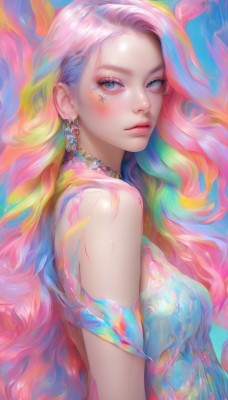 1girl,solo,long hair,breasts,looking at viewer,blush,blue eyes,dress,bare shoulders,jewelry,closed mouth,upper body,pink hair,multicolored hair,earrings,choker,artist name,from side,lips,grey eyes,eyelashes,makeup,wavy hair,gem,eyeshadow,nose,eyeliner,colorful,mascara,rainbow hair,medium breasts,blue hair,green hair,necklace,looking to the side,gradient hair,blue dress,facial mark,forehead,pink lips,pearl (gemstone)