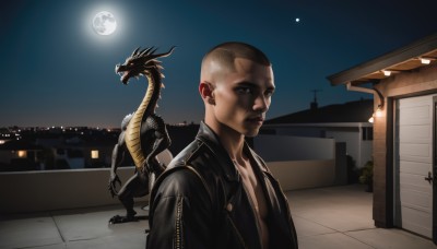 solo,looking at viewer,red eyes,1boy,jacket,male focus,outdoors,open clothes,sky,open jacket,black jacket,night,moon,dark-skinned male,building,night sky,full moon,monster,realistic,dragon,bald,very short hair,leather,leather jacket,buzz cut,godzilla,brown eyes,jewelry,earrings,teeth,dark skin,sharp teeth,alien,mohawk,kaijuu