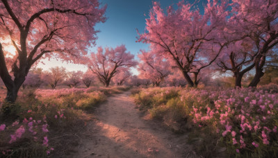 flower, outdoors, sky, day, tree, blue sky, no humans, sunlight, grass, cherry blossoms, nature, scenery, pink flower, road, field, path