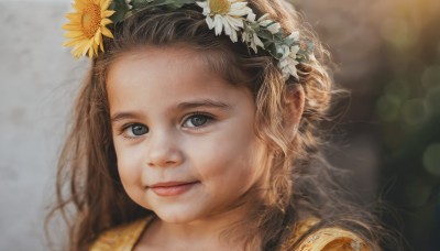 1girl,solo,long hair,looking at viewer,smile,blue eyes,brown hair,hair ornament,closed mouth,flower,hairband,hair flower,blurry,black eyes,lips,grey eyes,depth of field,blurry background,portrait,forehead,realistic,nose,sunflower,head wreath,bokeh,eyelashes,close-up