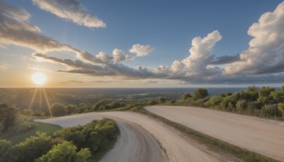 outdoors,sky,day,cloud,water,tree,blue sky,no humans,ocean,beach,sunlight,cloudy sky,grass,nature,scenery,forest,sunset,mountain,sun,horizon,road,river,landscape,path,hill,sand,bush,shore