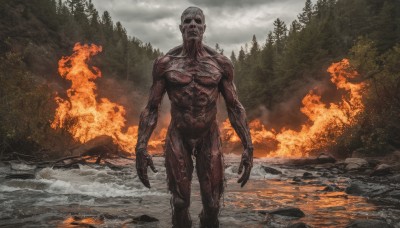 solo,looking at viewer,1boy,standing,male focus,outdoors,sky,teeth,cloud,water,tree,no humans,muscular,cloudy sky,fire,nature,forest,smoke,monster,rock,bald,burning,blood,walking