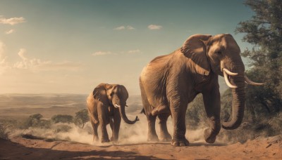 outdoors,horns,sky,teeth,day,cloud,water,tree,blue sky,no humans,animal,beach,nature,scenery,monster,realistic,sand,desert,tusks,signature,cloudy sky,dinosaur,cow,elephant