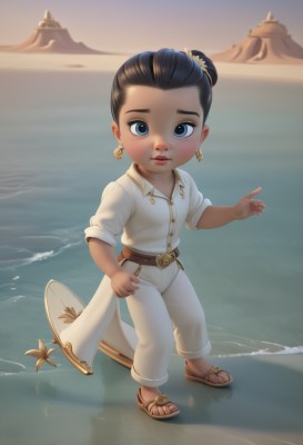 1girl,solo,looking at viewer,blush,short hair,blue eyes,shirt,black hair,hat,jewelry,standing,full body,white shirt,earrings,outdoors,belt,pants,dark skin,water,hair bun,dark-skinned female,lips,ocean,beach,sandals,single hair bun,pointing,child,freckles,white pants,sand,female child,desert,brown hair,hair ornament