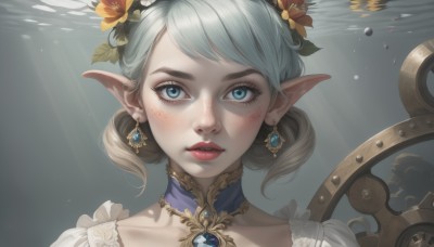 1girl,solo,looking at viewer,short hair,bangs,blue eyes,hair ornament,jewelry,collarbone,flower,grey hair,earrings,parted lips,teeth,choker,pointy ears,hair flower,water,lips,eyelashes,makeup,sunlight,elf,portrait,freckles,bubble,light rays,underwater,nose,air bubble,sunbeam,blush,twintails,swept bangs,gem,pink lips,realistic,red lips,submerged