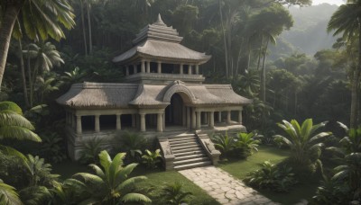 outdoors,sky,day,tree,no humans,sunlight,grass,plant,building,nature,scenery,forest,stairs,bush,architecture,bamboo,east asian architecture,shrine,path,cloud,signature,cloudy sky,light rays,sunbeam