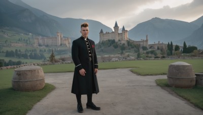 solo,looking at viewer,short hair,blonde hair,black hair,long sleeves,1boy,closed mouth,standing,full body,male focus,multicolored hair,outdoors,sky,shoes,day,pants,black footwear,black eyes,two-tone hair,tree,coat,black pants,grass,building,scenery,black coat,mountain,wide shot,castle,smile,cloud,uniform,facial hair,city,fantasy,road,very short hair,undercut,priest